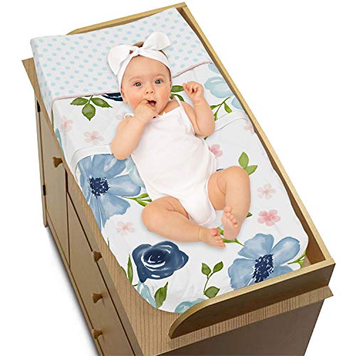 Image of Sweet Jojo Designs Navy Blue and Pink Watercolor Floral Girl Baby Nursery Changing Pad Cover - Blush, Green and White Shabby Chic Rose Flower Polka Dot