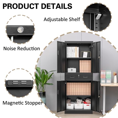 Metal Storage Cabinets with 1Drawer, 71" Storage Cabinet with 4 Locking Doors and 2 Adjustable Shelves, Steel Storage File Cabinet for Pantry Home, Kitchen, Office, Garage (Black)