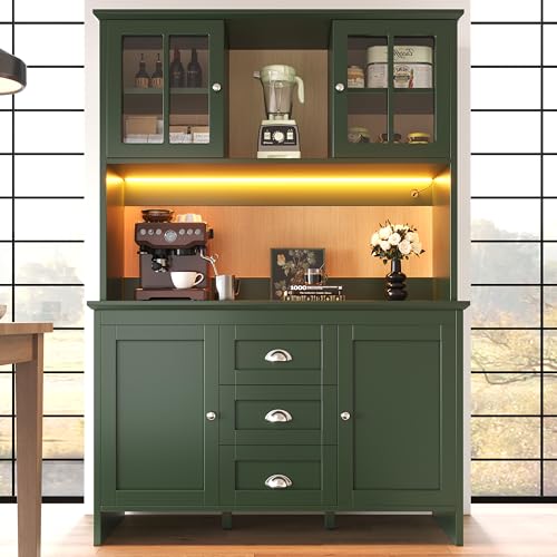 KUAKE Armoire de cuisine, buffet avec éclairage LED, 4 portes et 3 tiroirs, grand espace de rangement, pour cuisine, salon, salle à manger, 120 x 40 x 179 cm