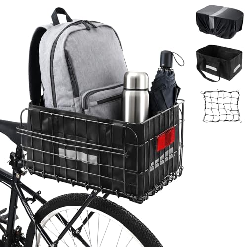 Faltbarer Fahrradkorb, Hinterer Metallkorb mit Nylon-Innentasche und Wasserdichter Abdeckung, Schnellverschluss-Design mit Elastischem Gepäcknetz, Passt für Die Meisten Hinteren Fahrradgepäckträger