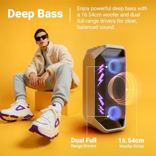 Image of Zebronics 2026 Launch 110W Bluetooth Speaker, Up to 6Hrs Backup, 16.51cm Subwoofer, Dual 9.3cm Drivers, 7000mAh Battery, Wireless Rechargeable Mic with Display, TWS, BT v5.3, (Party Fyre 110)