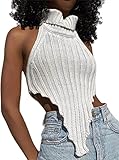 Remidoo Women's Sexy High Neck Halter Crop Top Asymmetrical Knit Backless Tank White Large