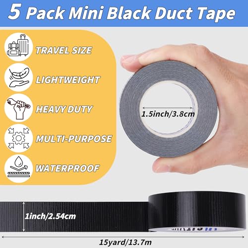Image of 5 Pack Mini Black Duct Tape, 1 inch X 75 Yards Travel Size Duct Tape, Pocket Size Heavy Duty Waterproof No Residue Tear by Hand, Multi-Use for Indoor & Outdoor Repairs, travel camping DIY projects