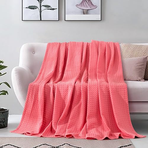 Image of Elegant Comfort Premium 100% Cotton Waffle Blanket - Lightweight Breathable Waffle Weave Bed Blanket - Soft and Warm All Season Blanket for Couch, Sofa and Bed, King Size 90x108 Inches, Coral