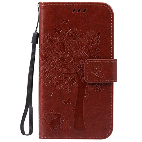Gift_Source Moto G 2nd Gen Case, Moto G2 Case, [Card Slots] Magnetic Closure Embossed Cat Tree Butterfly PU Leather Wallet Flip Folio Case Wrist Strap for Moto G(2nd Gen 2014)/Moto G2 [Brown]