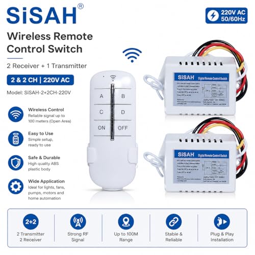 Image of SiSAH ABS Plastic 220V 2 and 2 CH 2 Receiver and 1 Transmitter Wireless Remote Control Switch