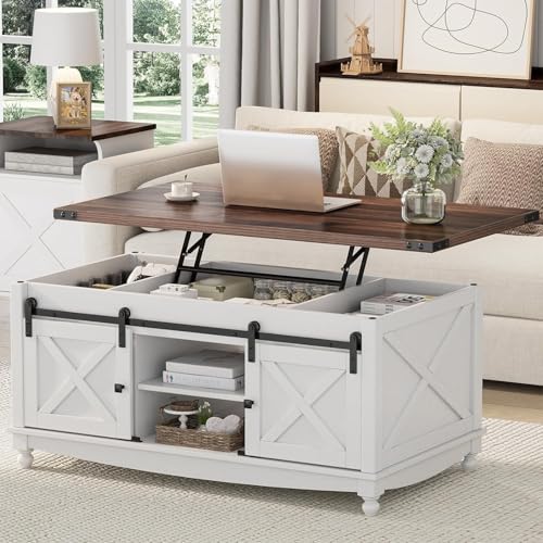 ALLSTAND 48' Farmhouse Lift Top Coffee Table with Storage Sliding Barn Door & Large Hidden Compartment, Coffee Table with Lifting Top with Wooden Lift Tabletop, Coffee Tables for Living Room, White
