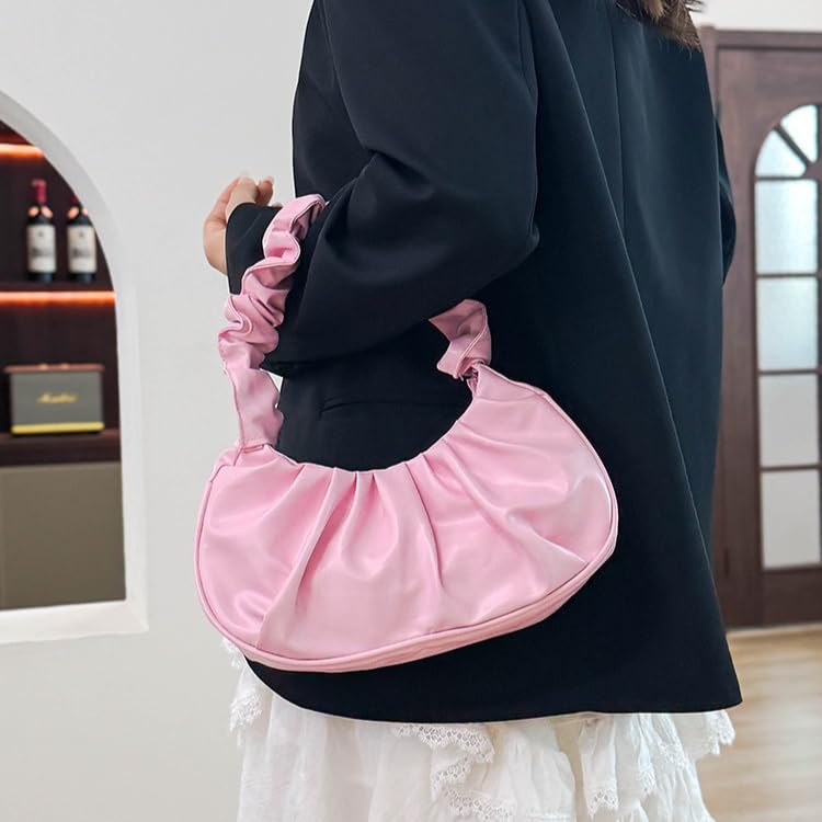 Soft PU Single Shoulder Bag – Multi-Functional Cloud Dumpling Design, Wrinkled, Large Capacity, Multiple Colors (Pink)3