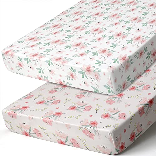 Image of BROLEX Baby Fitted Crib Sheets: Kid Crib Sheets - Set of 2 for Toddler Standard Size Crib Mattress for Boys and Girls - Jersey Knit Crib Bed Sheets Pink Blossom