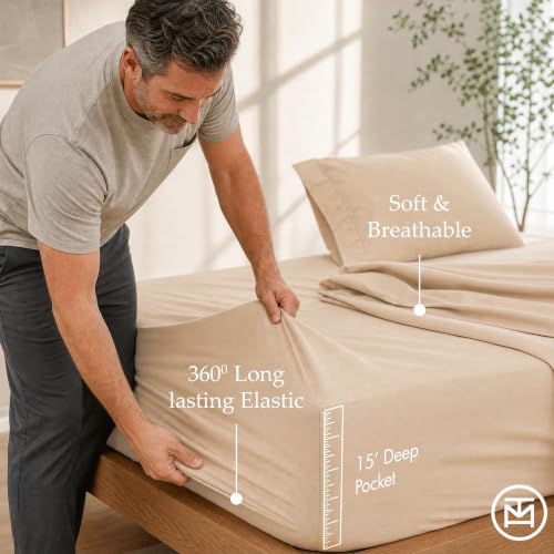 Image of Threadmill 600 Thread Count Cotton Twin Sheet Set, Sateen, Beige, 3-Piece