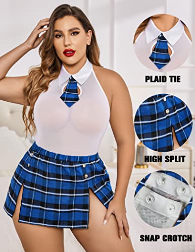 Avidlove Plus Size Sexy Lingerie for Women School Girl Outfit Cosplay Costume Mesh Bodysuit with Short Plaid Skirt - Image 3