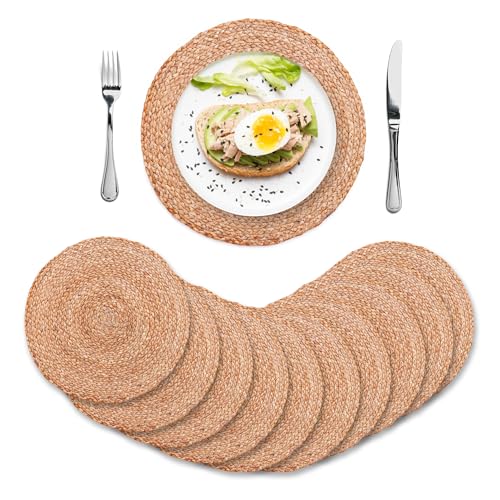 Image of Eco Crave Natural Jute Placemats Set of 10, Round Woven Table Mats, 13 Inch Rattan Charger Plates for Dinner, Boho Farmhouse Braided Place Mats