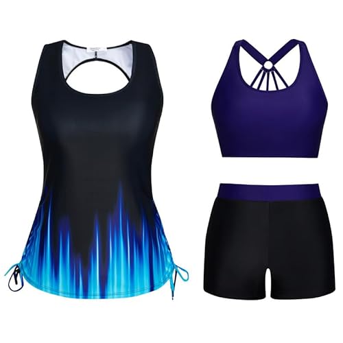 JASAMBAC Damen Bikini,3-Teiliger Tankini Damen Bauchweg, Push-Up-Bikinioberteil Und High Waist Badeshorts, Einfache Bade...