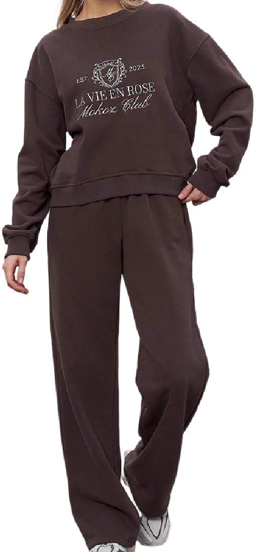 kiobrvhe Letter Print Embroidery Casual Long Sleeve Crew Neck Wide Leg Sweatpants 2 Piece Lounge Sets for Women