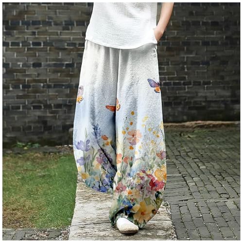 HOTYD Womens Cotton Linen Wide Leg Barrel Pants Boho Floral Print Elastic Relaxed Fit Baggy Lantern Trousers with Pockets2