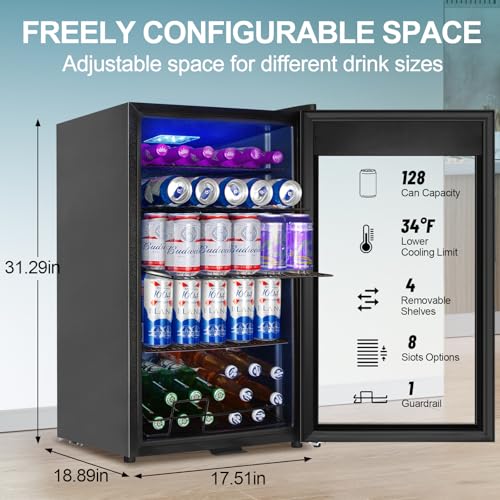 Image of 128 Cans Beverage Refrigerator Cooler, 3.2 Cu.Ft Mini Drink Fridge Glass Door for Drink Beer Soda Wine, Small Beer Fridge with 4 Removable Shelves for Kitchen Bedroom, Office Bar Gaming Room, Black