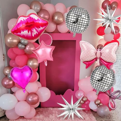 Image of 11 Pcs Hot Pink Princess Foil Balloons, Disco Ball Balloon, Girl Head Balloons, Pink and Silver Balloon for Box Photo Booth Backdrop, Birthday, Baby Shower, Bachelorette Theme Party Decorations