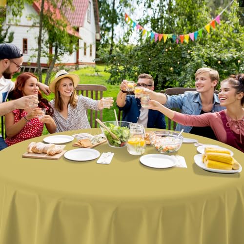 Image of 16 Pack Gold Plastic Tablecloth for Round Tables, Premium Decorative Gold Disposable Table Cloths for Parties, Bulk Round Party Table Cover for Birthday Wedding Anniversary Graduation, 84 Inch