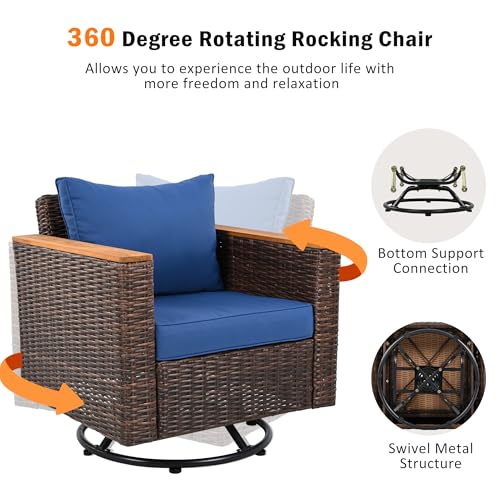 Merax 8-Piece Wicker Outdoor Patio Waterproof Sofa Set with Thick Cushion, Rattan Swivel Rocking Chairs & Acacia Storage Table, Couch Set for Backyard, Blue - Image 7