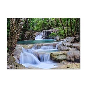 Tulup – Schilderijen op glas – 100×70 – Schilderij – Muurdecoratie – Wanddecor – Kunstdruk – Muurkunst – Modern Decoratief Beeld Gedrukt – Wandschilderijen – Decoratie Poster – Foto – Afbeelding – Landschappen – Cascade in het bos – Blauw