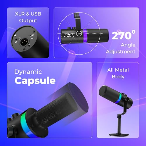 Image of FLYBALL Studio-Grade XLR /USB Dynamic Microphone with Base Stand, RGB Gaming Podcast Mic, Gain Control, Volume Knob, Headphone Monitoring for YouTube, Streaming, Recording (UG 300)