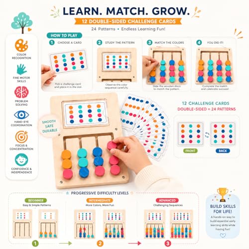 Image of PLUSPOINT Wooden Slide Puzzle Brain Teaser for Kids Ages 4-10 - Colour Matching Board Game, Educational Learning Toy & Travel Activity for Boys & Girls