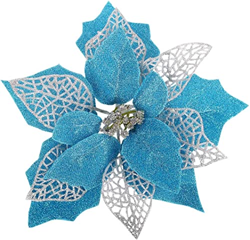 (Pack of 12) Glitter Poinsettia Christmas Tree Ornaments,Christmas Decorations Flower (Acid Blue)