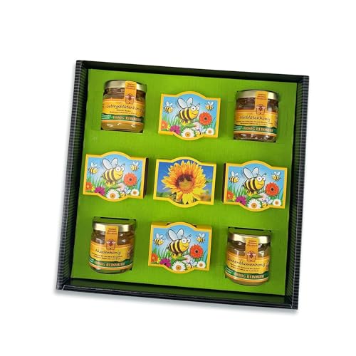 Bull & Bear Frohe Ostern Geschenkset Honigwiese, Oster Geschenkbox mit 4 verschiedenen Honigsorten, 1 Mini Pflanzset Sonnenblume und 4 Mini Pflanzsets Honigwiese