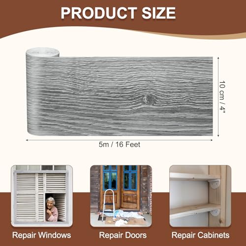 Image of MECCANIXITY Wood Grain Repair Tape, 4 Inch x 16 Feet Self Adhesive Wood Grain Tape Multi-Purpose Wallpaper Border Trim for Furniture Floors Windows Doors Tables Home, Gray
