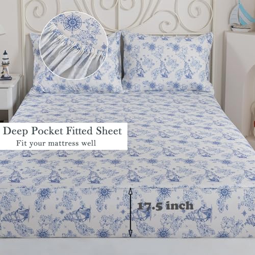Image of FADFAY Premium 100% Cotton Nautical Sheet Set King - Coastal Blue & White Sailing Ship Bed Sheets, Vintage Maritime Map Print, Soft Breathable Deep Pocket Bedding, 4 Piece Set