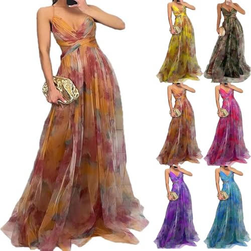 Generisch Vestido largo sexy de tul con estampado floral para mujer, sin mangas, cuello en V y cordones en la espalda, perfecto para bodas y bailes de graduación, multicolor, M