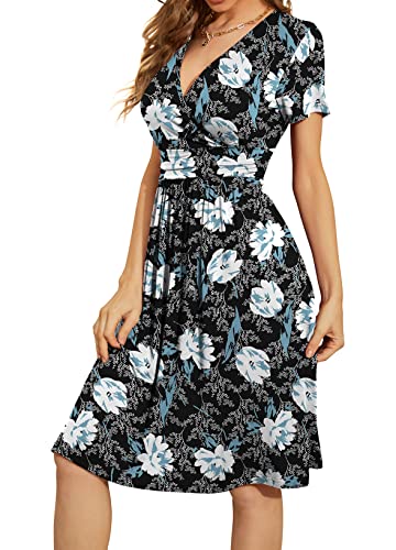 Image of WEACZZY Women's Summer Short Sleeve Casual Dresses V-Neck Floral Party Dress with Pockets