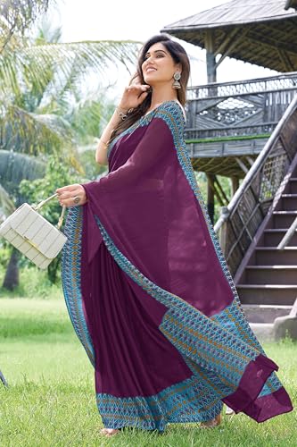 Image of MIRCHI FASHION Saree for Woman Chiffon Georgette Polka Dot Border | Plain Lightweight Women's Sari with Printed Pallu and Blouse Piece