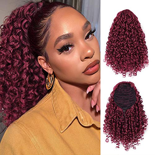 AISI BEAUTY Curly Ponytail Extension Drawstring Ponytails for Black Women Synthetic Curly Drawstring Ponytail with 2 Clips on Ponytails for Women (Burgundy)