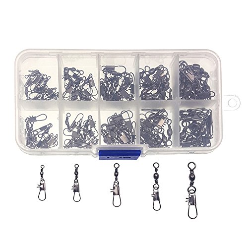 NUZAMAS 100 Pieces Mixed Barrel Swivel with Safty Snap Connector Fishing Tackle #14, 12, 10, 8, 6 Rock Kayak Boat Fishing