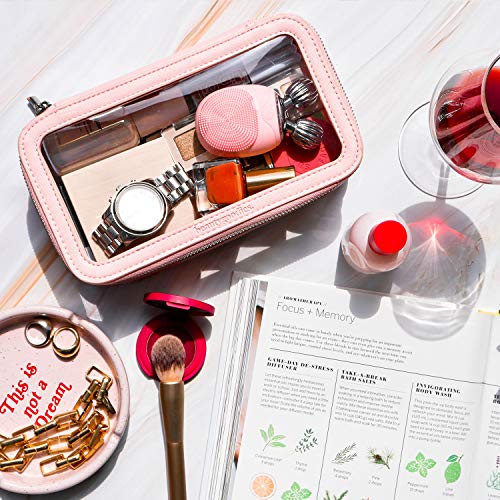 Makeup Bag with Brush Organizer - Dual-Side, Saffiano Leather Cosmetic Organizer with Clear TSA Compliant Compartments. Makeup Kits for Teen Girls. Travel Makeup Bag for Purse. Gifts for Women