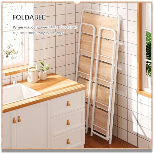 Image of 4NM No Assembly Folding Bookshelf, 5 Tiers Collapsible Book Shelves Open Industrial Foldable Storage Bookcase Shelf for Bedroom, Living Room, Home Office - Natural and White