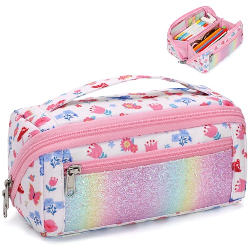 Image of Pencil Case for Girls, Durable Kids Pencil Pouch for School, Wide Opening Soft Bag with Handle, Fits 50 Pens & Markers (Floral Butterfly)