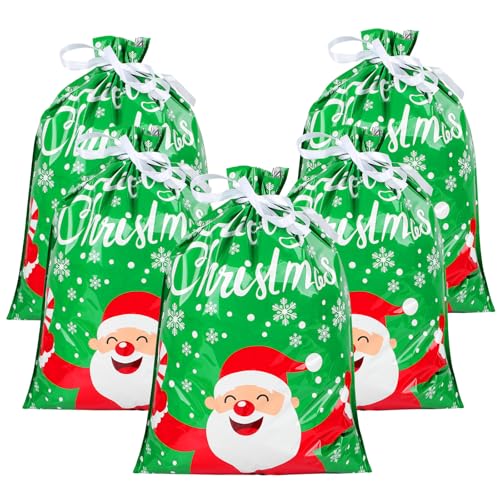 CINECE クリスマス ラッピング 袋 包装袋 リボン付き パーテイー用 グリーティングバッグ ロープ プレゼント用 5枚 44x60cm グリーン