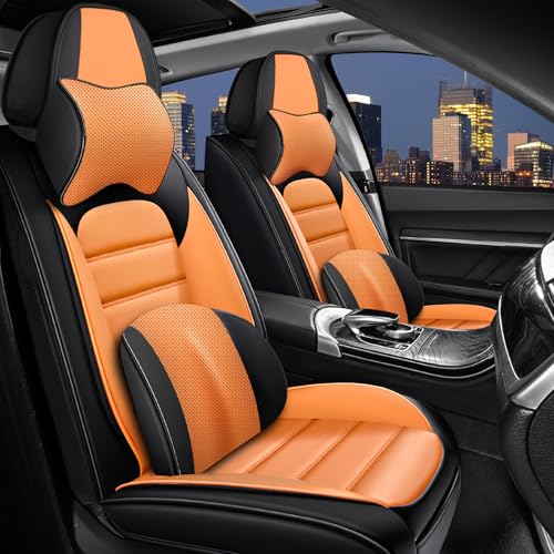 Image of Car Seat Cover for Chevy Chevrolet Trax 2024-2025, Nappa Leather Front Seat Covers Full Coverage Seat Protector Waterproof Cushions (Black Orange,2 Seats Luxury)