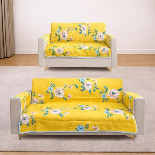 Image of Homerz Premium 5(3+2) Seater Quilted Reversible Sofa Cover Mat with Pocket Arms | Polyester Blend 350 GSM Full Coverage & Back Belt for Stability (Solara, 5(3+2) Seater)