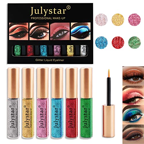 6 Farben Eyeliner Glitter Wasserdicht Schimmer Pigment Silber Gold Metallic Liquid Glitter Eyeliner,Langlebige Shimmer Lidschattenstift Flüssigkeit Cover