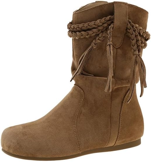 Women's Camel Wedge Hidden Heel Fringe Slouch Ankle Booties Round Toe Vintage Boho Fall Booties