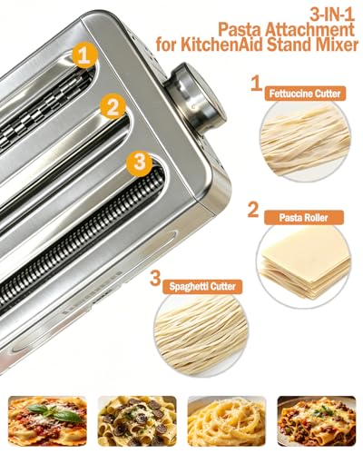 Image of All Metal Pasta Maker Attachment for KitchenAid, 3 In 1 Pasta Attachment Set for Stand Mixer, Adjustable Pasta Sheet Roller, Spaghetti & Fettuccine Cutter Maker Accessories