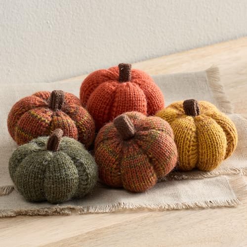 Image of Set of 5 Mini Knit Pumpkins (Spiced Maple 2.5 Inch Set) | Autumn Home Decor, Bowl Filler, Tabletop Shelf Sitter, Warm Golden Orange