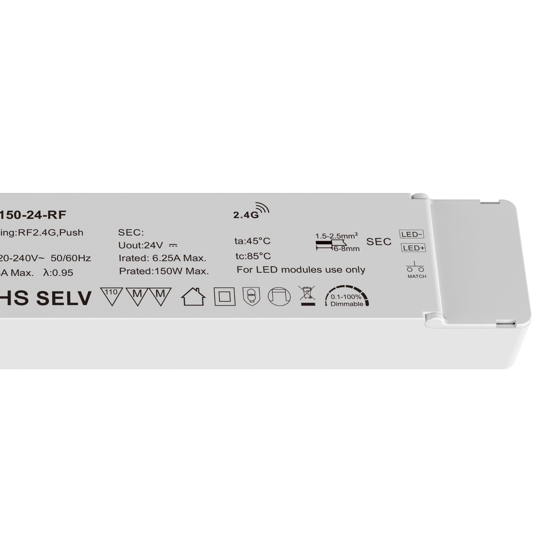 Fuente de alimentación LED 24 V regulable Push 150 W, transformador de tensión constante, ajustable con AC Push/botón y RF 2.4G, compatible con mando a distancia Skydance, regulador 0,1-100%, LN-150