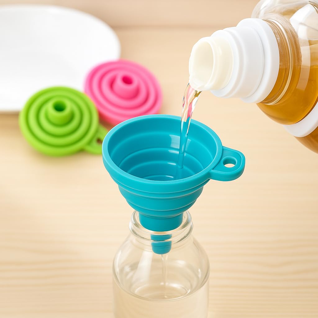 Kitchen Funnel Pack of 4, Silicone Collapsible Food-Grade,Liquid Transfer Tool, Easy for use, Foldable and Easy to Clean Multi-Color, Green,Pink,White,Blue