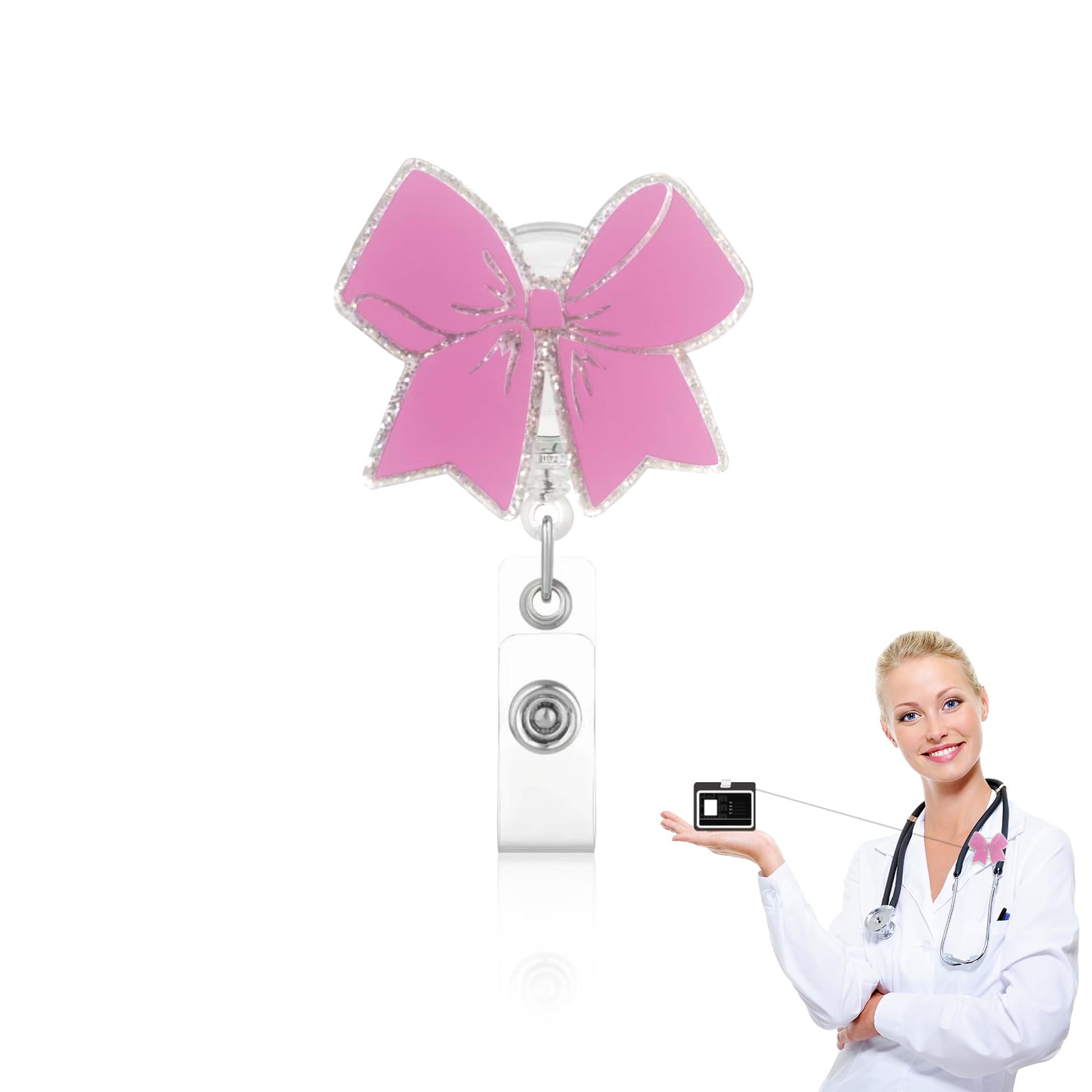 Pink Bow Badge Reel Retractable Clip for Nurse, Teacher, Cute ID Badge Holder with Sturdy Alligator Clip, Smooth Retractable Cord Nursing Student