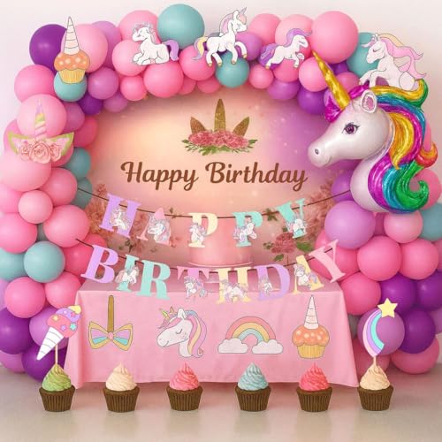 Image of pixelfox Rubber Reusable Unicorn Birthday Decoration Kit - 72 Pcs Party Supplies | Cute Cutout Balloons & Banner Combo | Magical Birthday Decor for Girls, Kids & Adults, Multicolor