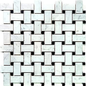 White & Gray Carrara Marble Basketweave Mosaic Sample Tile 1 sq ft/Piece Pack of 1, 4 x 5 Mesh-Mounted Sheet Not Peel & Stick Polished Stone for Kitchen Backsplash, Bathroom Walls